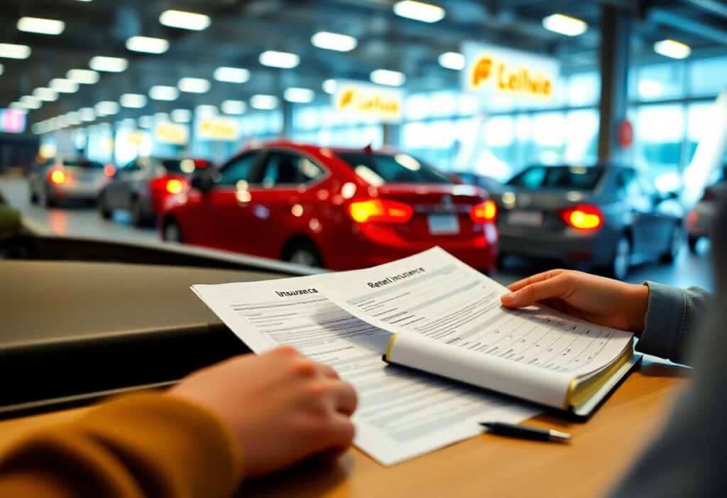 A person reviews car rental and coverage benefits documents at a rental desk. In the background, several cars, including a red sedan, await inside a well-lit car rental facility. Bright signs with the "Leihe" logo shine above the cars, while a pen rests patiently on the desk.