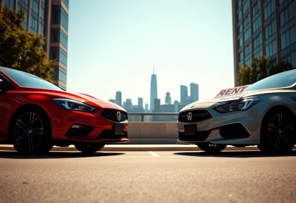 Two cars parked facing each other in a city setting, one red and one silver with a "For Rent" sign. Skyscrapers are visible in the hazy background under a clear sky. The scene, ideal for long-term car rental opportunities, is bathed in warm sunlight, highlighting modern architectural elements.