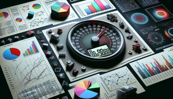 A large speedometer is centered on a table surrounded by colorful charts, graphs, and 3D geometric shapes. Data visualizations reveal key insights through vibrant bar, line, and pie charts. Small cubes and a miniature car model are placed near the speedometer to illustrate mileage limits.