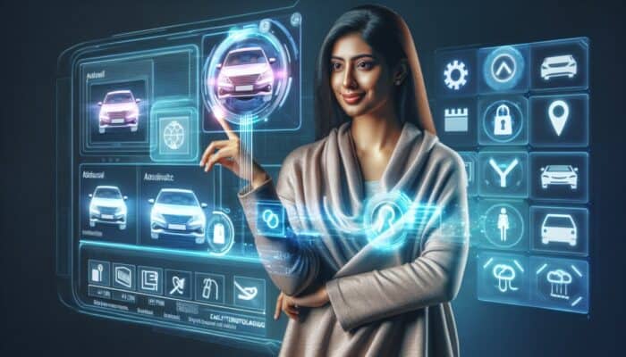 A woman engages with a futuristic, holographic touchscreen displaying car-related icons and data. As she touches a car icon, symbols like locks, gears, and settings smoothly surround her. The blue and purple interface suggests an advanced, convenient experience akin to renting a car online.