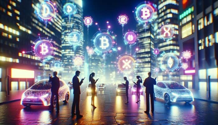 Silhouetted figures stand near futuristic cars, engaged in online booking on mobile devices. Above the vibrant cityscape, glowing symbols of cryptocurrencies like Bitcoin and Ethereum float amidst towering skyscrapers, as the streets shimmer with luminous reflections.