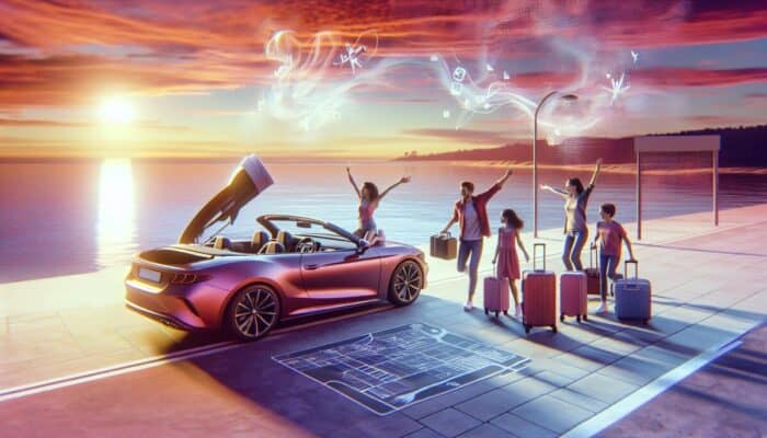 A surreal scene unfolds as five people with luggage gather beside a pink convertible near the waterfront at sunset. A giant smartphone streams digital icons into the sky, symbolizing effective communication. They celebrate energetically while the car projects a blueprint-like display on the ground.