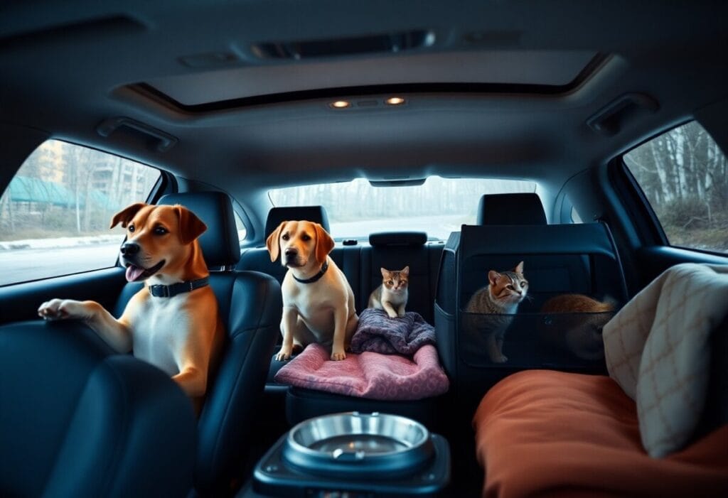 Two dogs sit alertly in the front seats while two cats rest with blankets in the back of this pet-friendly car rental. The spacious interior, complete with a sunroof and views of the forest, ensures everyone can travel comfortably. A water bowl near the center console awaits each furry friend.