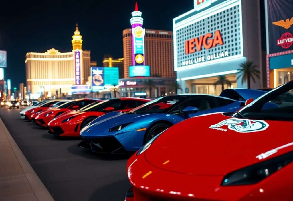 A row of luxury sports cars, primarily in red and blue, lines the neon-lit streets of Las Vegas at night. Casinos and electronics stores illuminate the vibrant urban scene, perfect for those wanting to drive the Strip. Palm trees sway gently in the distance as nightlife thrives.