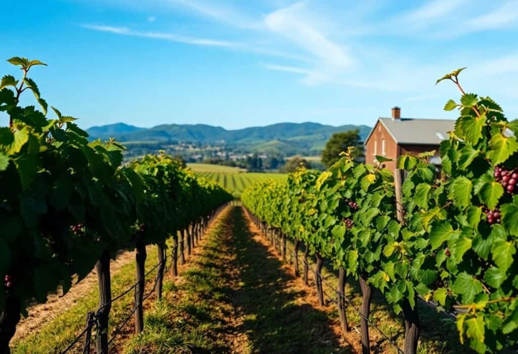 A picturesque vineyard landscape in Tasmania, with rows of lush green grapevines under a bright blue sky. A red-roofed building stands to the right, while distant rolling hills create an idyllic backdrop. The scene is bathed in warm sunlight, capturing the vibrant essence of Devonport wineries.