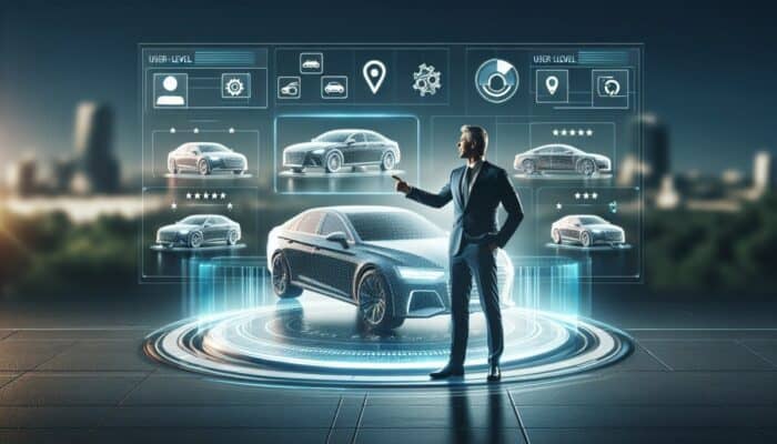 A person in formal attire interacts with a digital display featuring futuristic car holograms and icons, like GPS and gears. The background shows a blurred cityscape, hinting at top companies leading the charge in automotive innovation.