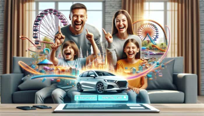 A joyful family of four sits on a couch, excitedly pointing at a tablet with an "ONLINE BOOKING" option. Holographic theme park scenes with Ferris wheels and rides surround them, while a car image appears in the foreground, blending virtual and real elements in a bright room.