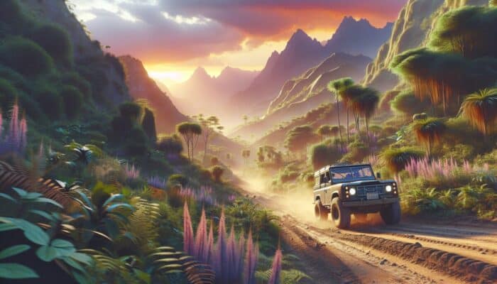 A rugged SUV from an online car rental drives on a dusty dirt road winding through a lush valley with tropical plants and tall mountains, as the sunset casts dramatic light and shadows over the scenic landscape—perfect for off-road adventures.