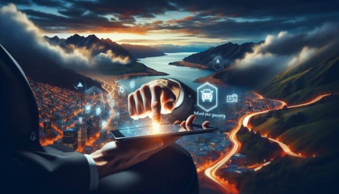 A person in a suit uses a tablet with glowing virtual icons, including a car and house, hovering above it. The vibrant cityscape by a lake at sunset highlights digital connectivity and the ease to rent a car online for effortless travel.