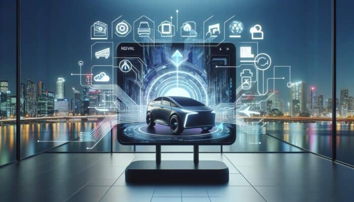 A digital display shows a futuristic electric car surrounded by glowing technology icons, set against a nighttime city skyline. Perfect for those browsing Car Rental Websites, the icons highlight features like connectivity, battery, navigation, and automation.