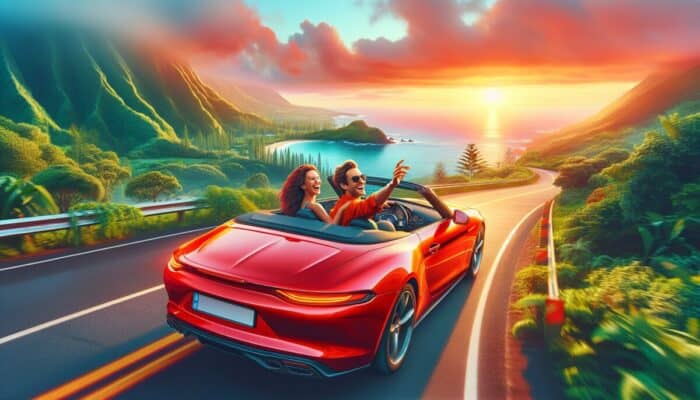 A smiling couple drives a red convertible rental along a winding coastal road at sunset. Lush green mountains and tropical trees line the way, with the ocean and a vibrant sky creating an unforgettable backdrop for their adventure.