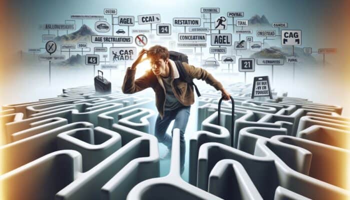 A confused traveler with a backpack and suitcase stands in a complex maze. Nearby, signs about age restriction and renting online add to the surreal scene, symbolizing confusion and the challenge of navigating new rules when feeling lost.