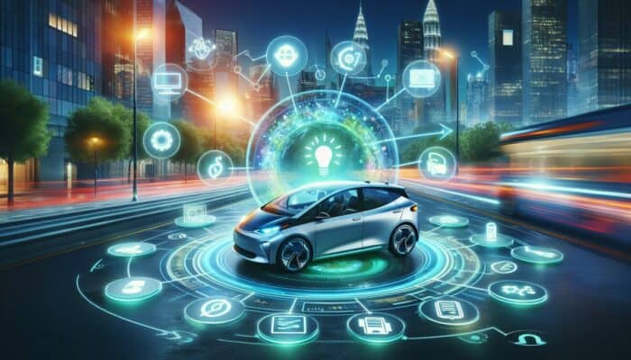 A sleek electric car, perfect for eco-friendly car rental, sits on a city street at night, surrounded by glowing digital icons. Skyscrapers and blurred city lights enhance the futuristic, high-tech atmosphere of sustainable urban travel.