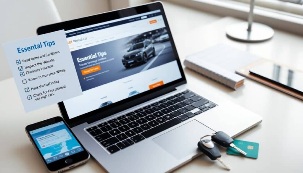 A laptop displaying a car rental website sits on a desk next to a smartphone and car keys. A printed list titled “Essential Tips” offers car rental tips, like reading terms, inspecting the vehicle, and how to avoid car rental penalties.