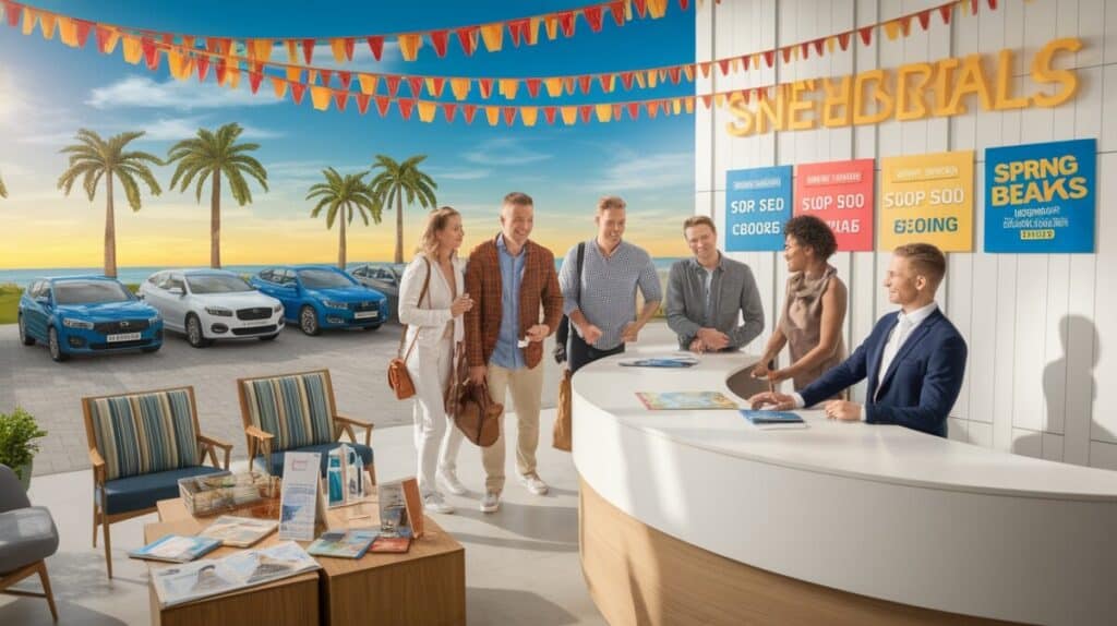 A group of smiling people talk with two sales representatives at a bright, modern car dealership by the beach. Palm trees, blue cars, and festive banners create a Spring Break vibe as signs advertise seasonal car deals and car rentals on the wall.