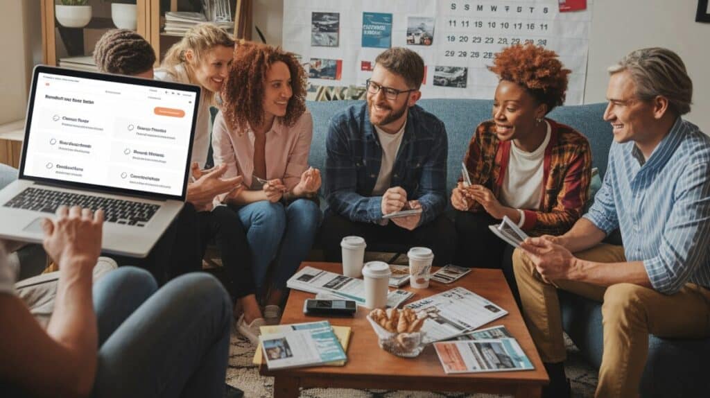 Six people sit on sofas in a casual office, smiling and talking with papers and coffee cups on the table. One person holds a laptop showing online car rental tips, while a calendar, shelves, and bulletin board are visible in the background.