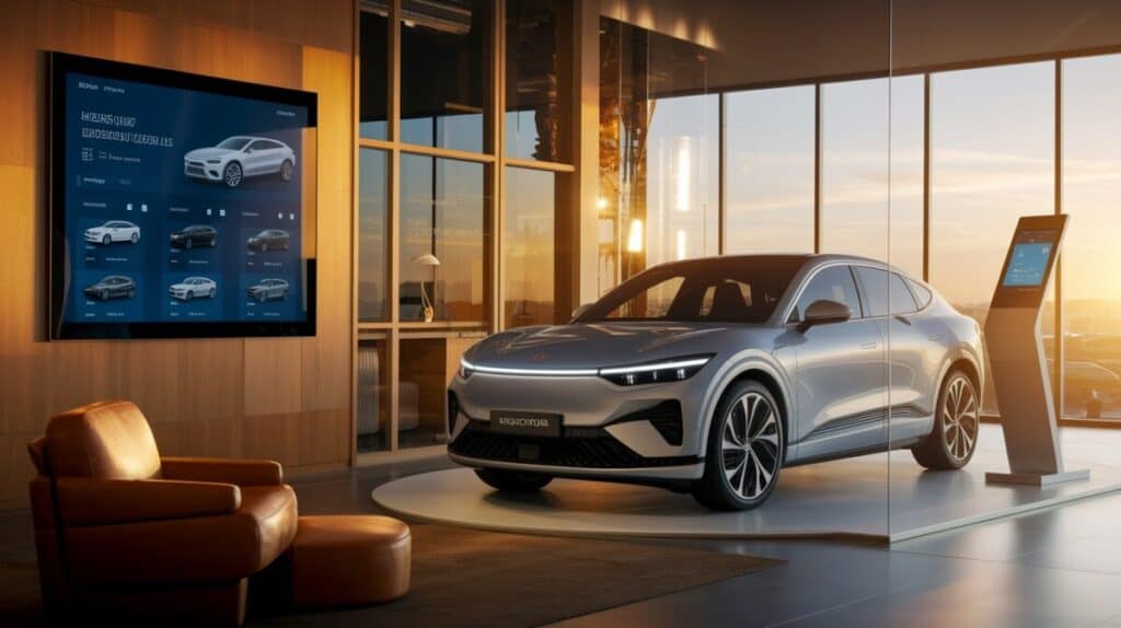 A sleek silver electric car is showcased indoors on a circular platform, highlighting advanced tech features. A modern lounge chair sits nearby, while a large screen and digital kiosk emphasize the convenience of online car rentals in this luxurious, sunlit setting.
