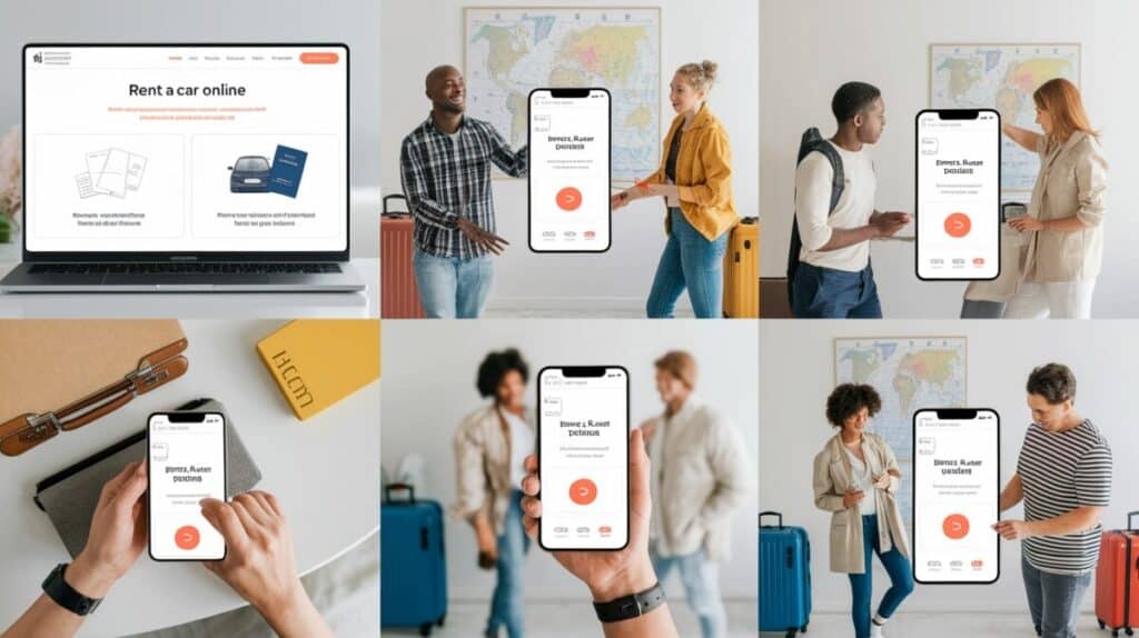 A collage of six images shows diverse people using a car rental app on smartphones and a laptop. Some are with luggage or smiling, while maps are on the wall. Screens display a car rental guide and options to rent a car online.