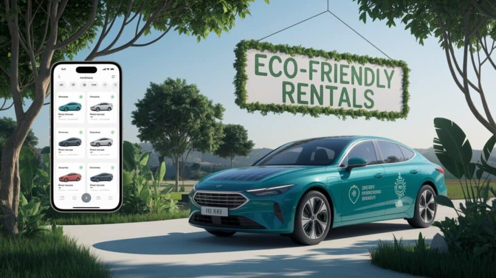 A teal electric car is parked on a sunny road by lush greenery. A large sign reads “Eco-Friendly Rentals.” At left, a smartphone displays an Eco-Friendly Car Rental app, emphasizing green travel and the ease of renting a car online for sustainability.