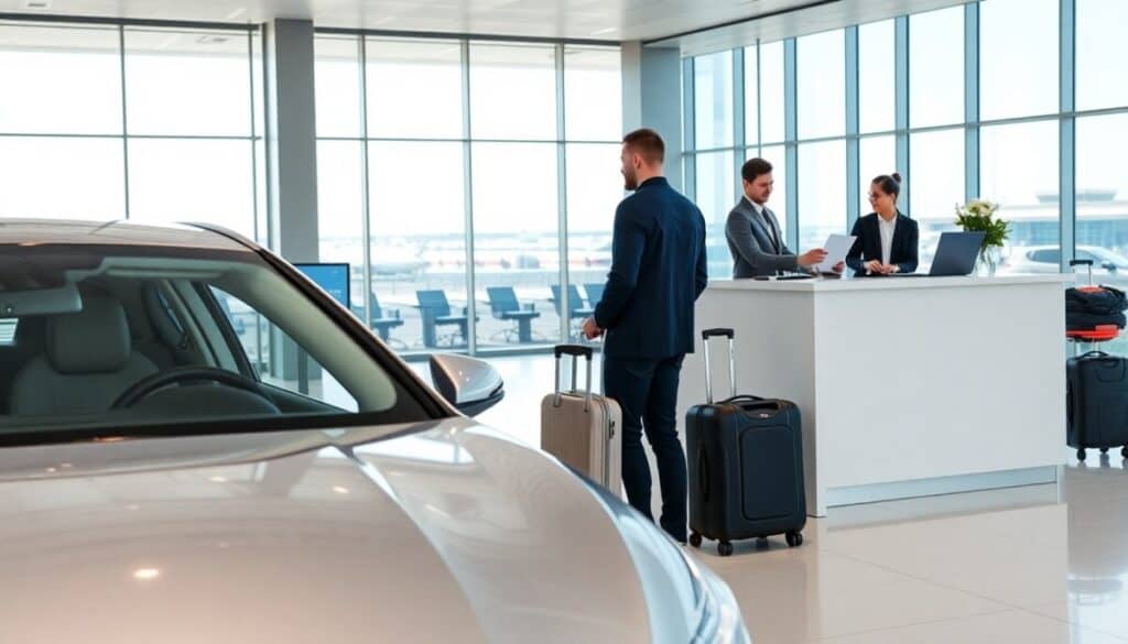 Two men in suits with luggage stand at a white rental car counter inside a bright, modern building. A woman assists them with papers for their airport pickup. A silver car is parked nearby, visible through large windows facing the airport terminal.
