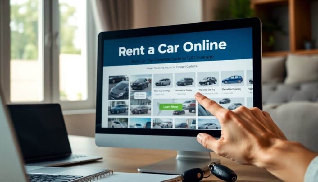 A person points at a computer screen displaying a "Rent a Car Online" website with various car options, highlighting a helpful car rental guide. Car keys and a notebook rest on the desk, while soft window light brightens the background.