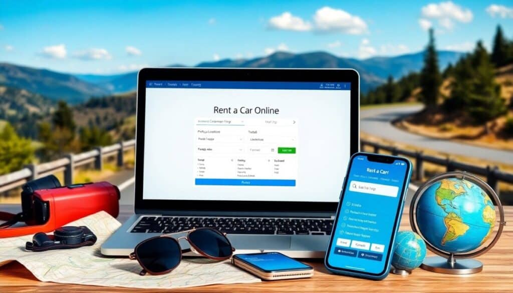 A laptop and smartphone display a car rental website on a table outdoors, perfect for planning your next road trip. Surrounding them are a map, sunglasses, red camera, globe, and notebook with mountains and trees under a clear blue sky.