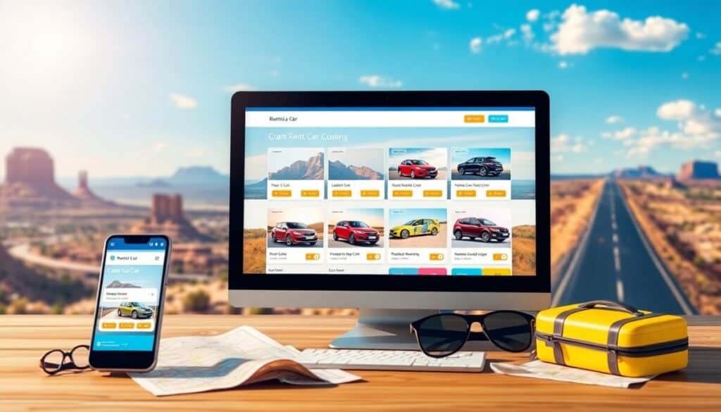 A desktop computer and smartphone display a rent a car online website. Nearby are a yellow-striped suitcase, black sunglasses, a map, and a pen on a wooden table—perfect for planning your cross-country journey against the backdrop of desert highways and rock formations.