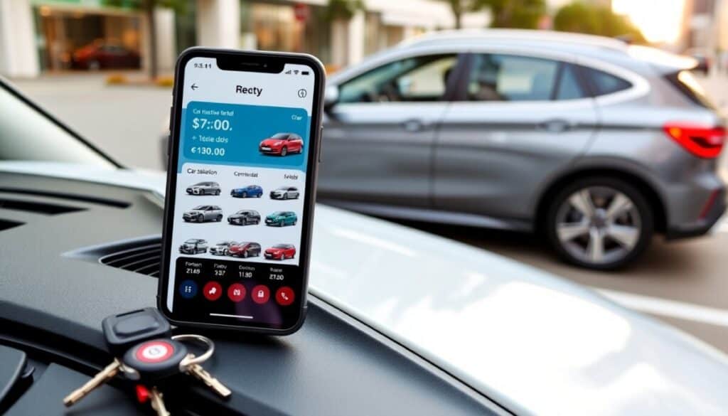 A smartphone displays a car rental app showing various cars and prices on a car's hood. Car keys lie beside the phone, while a silver crossover is parked on a city street, highlighting the ease of online booking for car rental.
