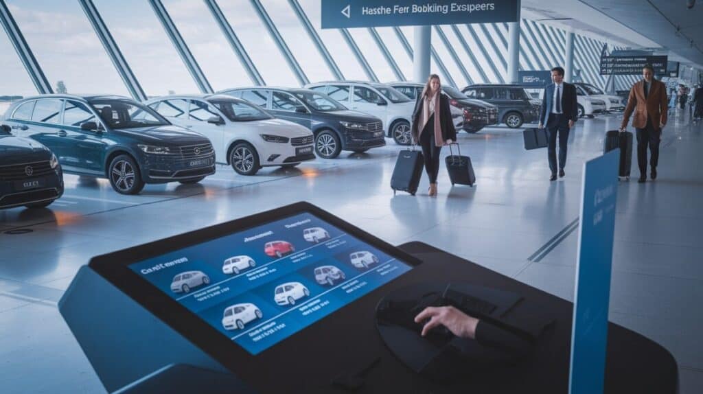 People with suitcases walk past a row of parked Car Rentals inside a modern, bright building with large windows. In the foreground, a touchscreen kiosk enhances the Booking Experience by displaying options for selecting different rental cars.