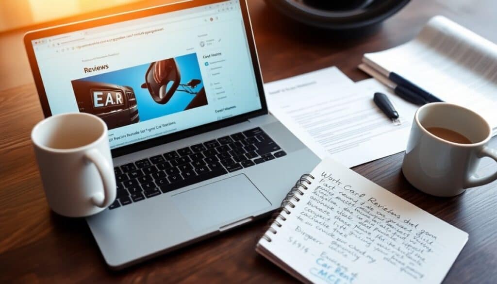 A laptop displaying car rental reviews sits on a wooden desk beside two white mugs, a notebook with handwritten notes titled "Work Card Review," papers, and a pen, suggesting a workspace for researching essential tips on renting a car.