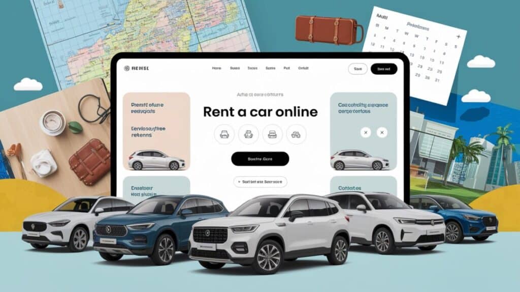 A collage shows a car rental website on a tablet with six modern cars in front, surrounded by travel-themed items like a map and suitcase. The scene highlights Rent a Car Online for easy travel planning and hassle-free returns.