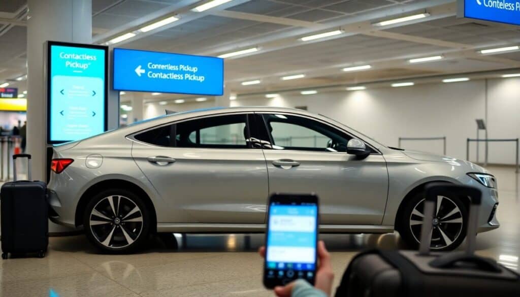 A silver sedan is parked inside an airport terminal near a "Contactless Pickup" sign. A person in the foreground holds a smartphone, possibly confirming a hassle-free ride, with luggage beside them. The environment is bright and modern, with blue signage above.