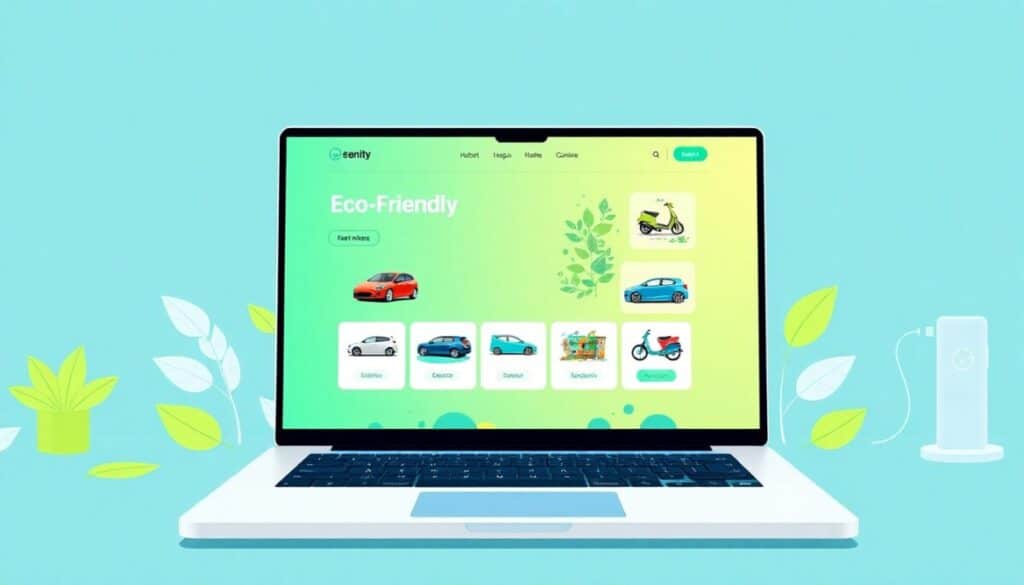 A laptop displays a website featuring eco-friendly travel options—cars, bikes, scooters, and a bus. The teal background with green leaves highlights the environmental theme. An electric charger appears on the right, perfect for those who rent a car online.