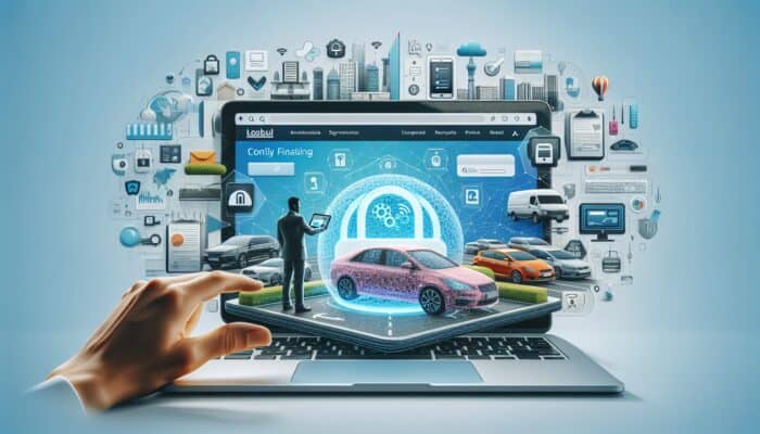 A hand interacts with a laptop displaying a 3D holographic car and digital padlock, symbolizing Secure Car Rental. Around the laptop, icons for online services and cloud storage emphasize secure online car management solutions.