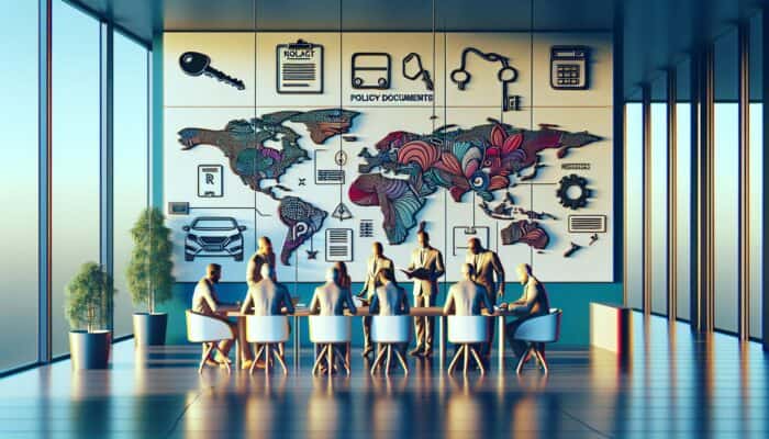 A group of people sit around a conference table in a modern office with tall windows. Behind them is a vibrant wall mural featuring a world map, colorful abstract patterns, and icons representing car rental policies and global connections.