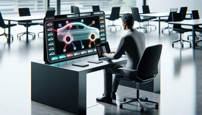 A man in a suit sits at a desk in a modern office, working on a laptop. In front of him, a large digital screen shows a colorful wireframe of a car—perfect for exploring innovative car rental or renting a car online solutions.