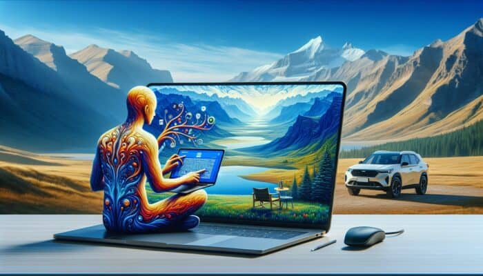 A colorful, abstract human figure uses a tablet on a large laptop, its screen displaying a vivid mountain landscape. Behind, mountains and a parked online car rental SUV by a lake blend digital and natural worlds. A mouse and stylus rest nearby.