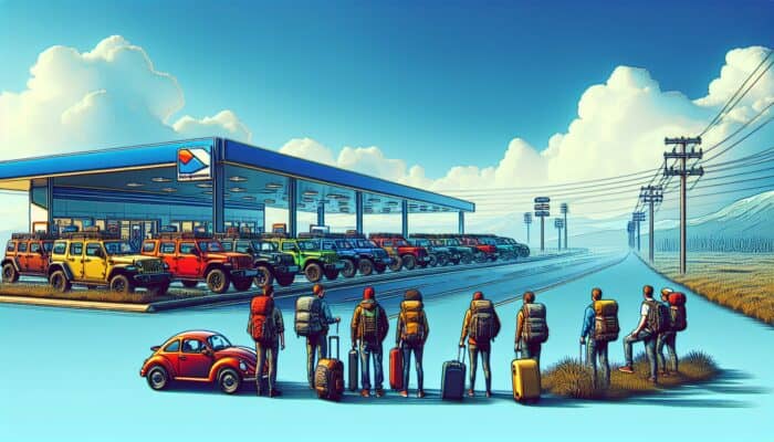 A group of nine people with backpacks and luggage stand near a road, facing a large, colorful gas station with many parked SUVs—perfect for those seeking budget-friendly car rentals online. A small red car is parked nearby under the bright blue sky.