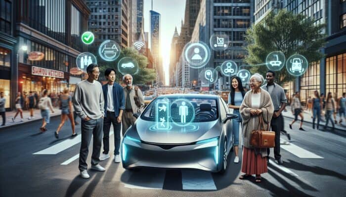 Sleek car on city street, digital display showing affordable rental rates, diverse satisfied travelers.