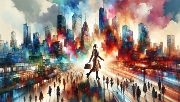 A person driving a rented car in a vibrant city, passing crowds and landmarks, heading to a modern hotel.