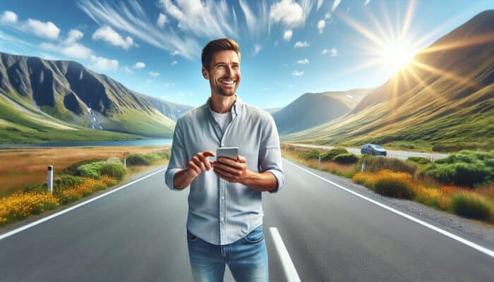 A smiling traveler using a smartphone for instant car rental customer support during a scenic road trip.