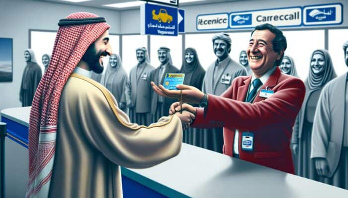 Person receiving loyalty program card at car rental counter, with Hertz, Avis, Enterprise logos in background.