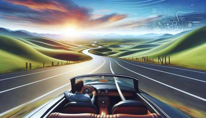 A person driving a convertible on a scenic road, symbolizing freedom and flexibility.