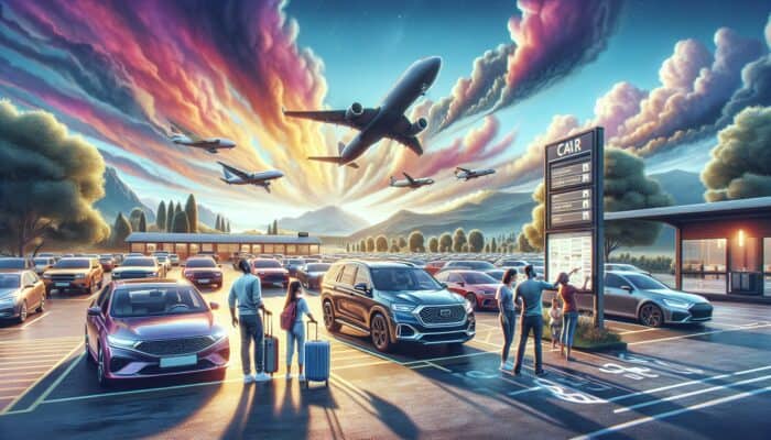 A variety of rental cars in a scenic setting, travelers selecting vehicles for weekend trips.