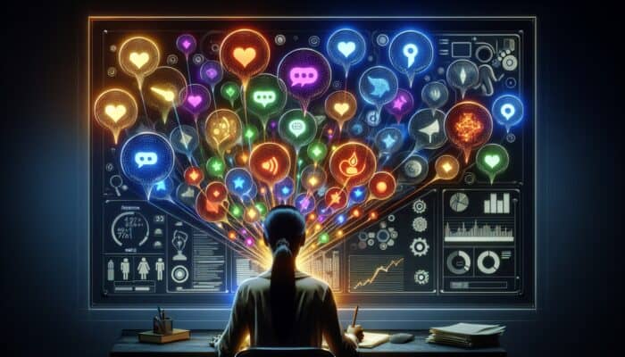 A person analyzing user feedback bubbles on a digital interface, distinguishing valuable insights from noise.