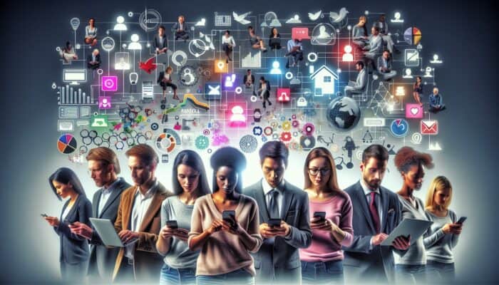 A diverse group analyzing rental service feedback from websites and social media, using devices and viewing data visualizations.