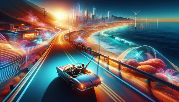 A person driving a convertible on a coastal road, symbolizing freedom and flexibility during a getaway.