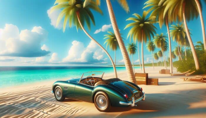 A stylish convertible car parked on a beach, surrounded by palm trees, under a clear blue sky.
