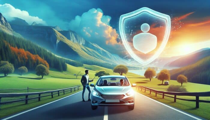 A traveler driving a rental car on a scenic road, protected by insurance symbolized by a shield.