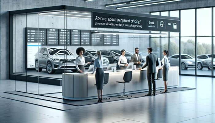A modern car rental office with transparent pricing, diverse vehicles, and friendly staff at a service desk.